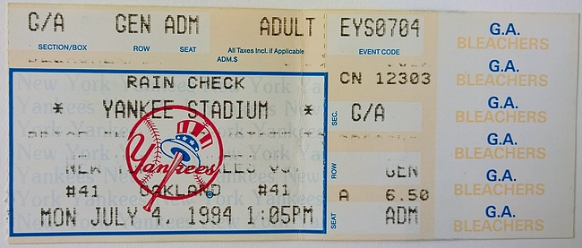 Pääsylippu N.Y. Yankees vs. Oakland Athletics, 1994