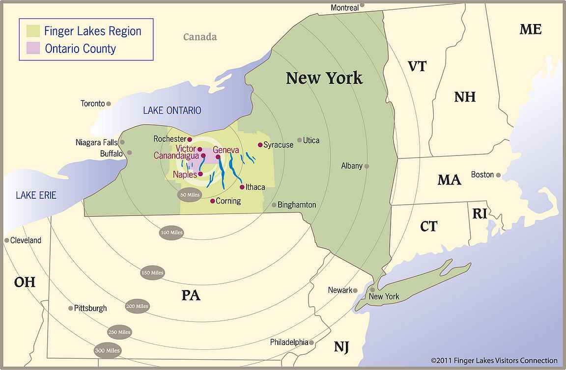 Finger Lakesin alue on helposti lähestyttävissä New Yorkista, Bostonista ja Torontosta käsin.