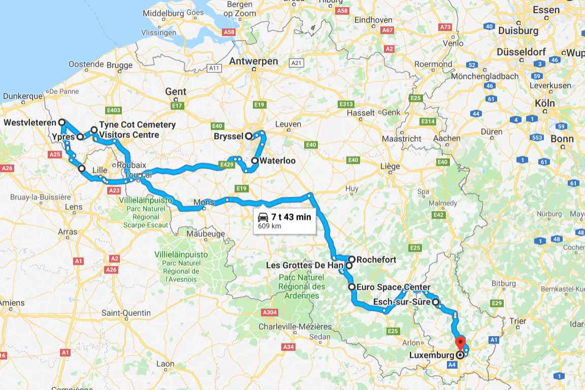 Tutkimusretki Belgiaan ja Luxemburgiin. (Avaa kartta napsauttamalla Google Mapsiin.)