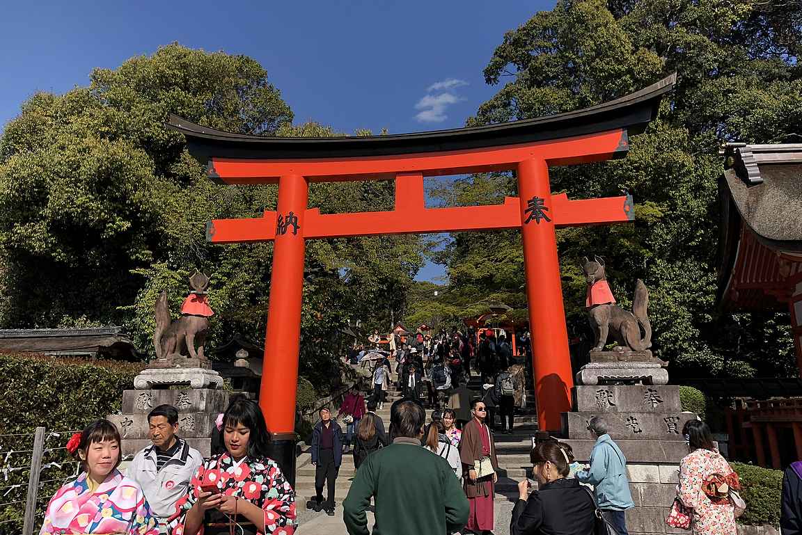 Fushimi Inari-taisha ja sen suuri punainen torii-portti.