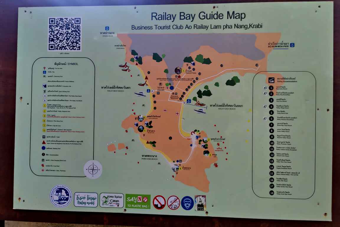 Railayn kartta, mistä löytää niemimaan rannat ja näköalapaikat.